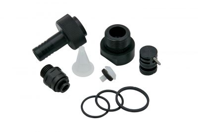 Service set for regulator filter holder, includes inlet connection, outlet connection, flow regulator core, O-ring, filter screen for inlet, flat seal, screw-in connector and a regulator plug, front view with all individual parts